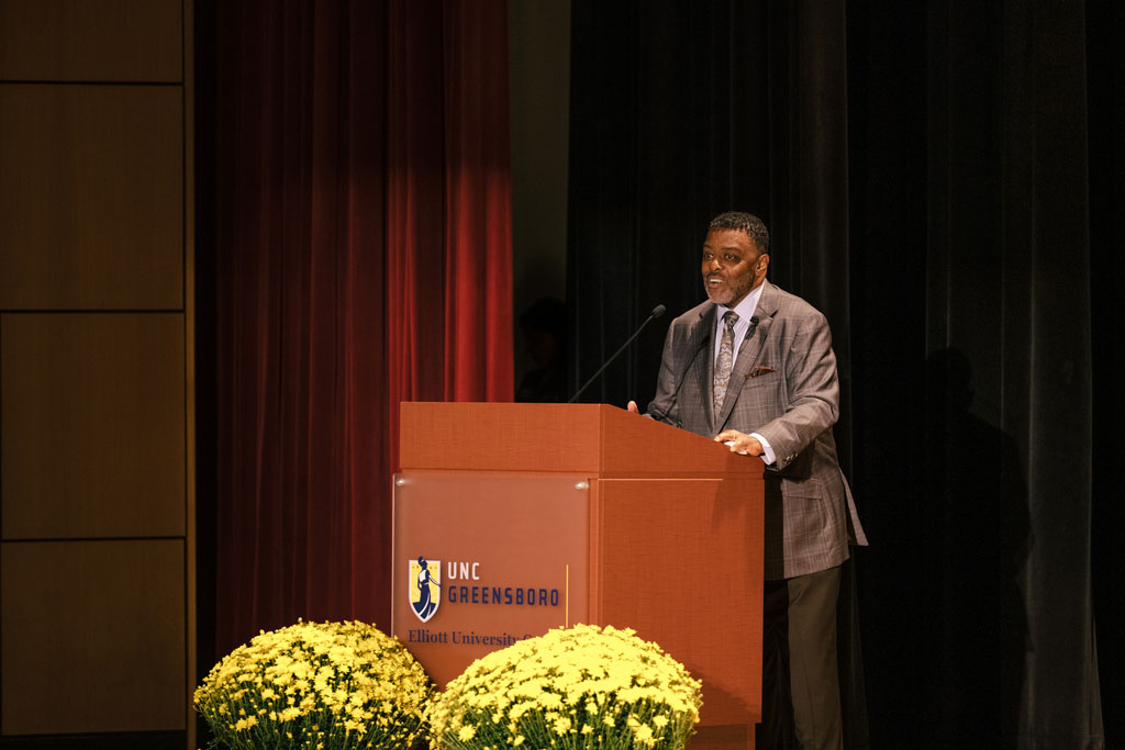photo of Chancellor Gilliam delivering the State of the Campus address for Fall 2022